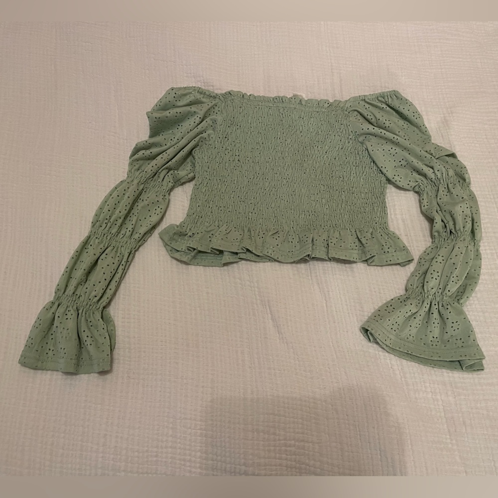 Green off the shoulder cropped shirt